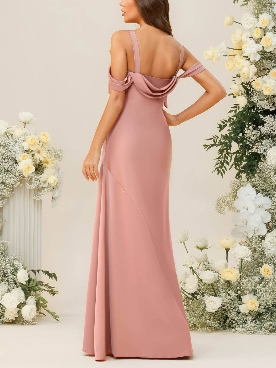 A-Line/Princess Cold Shoulder Cowl Neck Floor-Length Bridesmaid Dresses with Bows