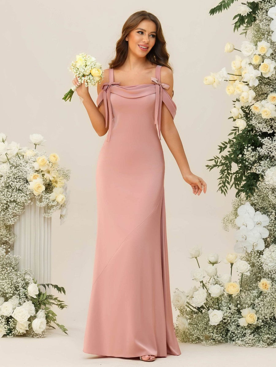 A-Line/Princess Cold Shoulder Cowl Neck Floor-Length Bridesmaid Dresses with Bows
