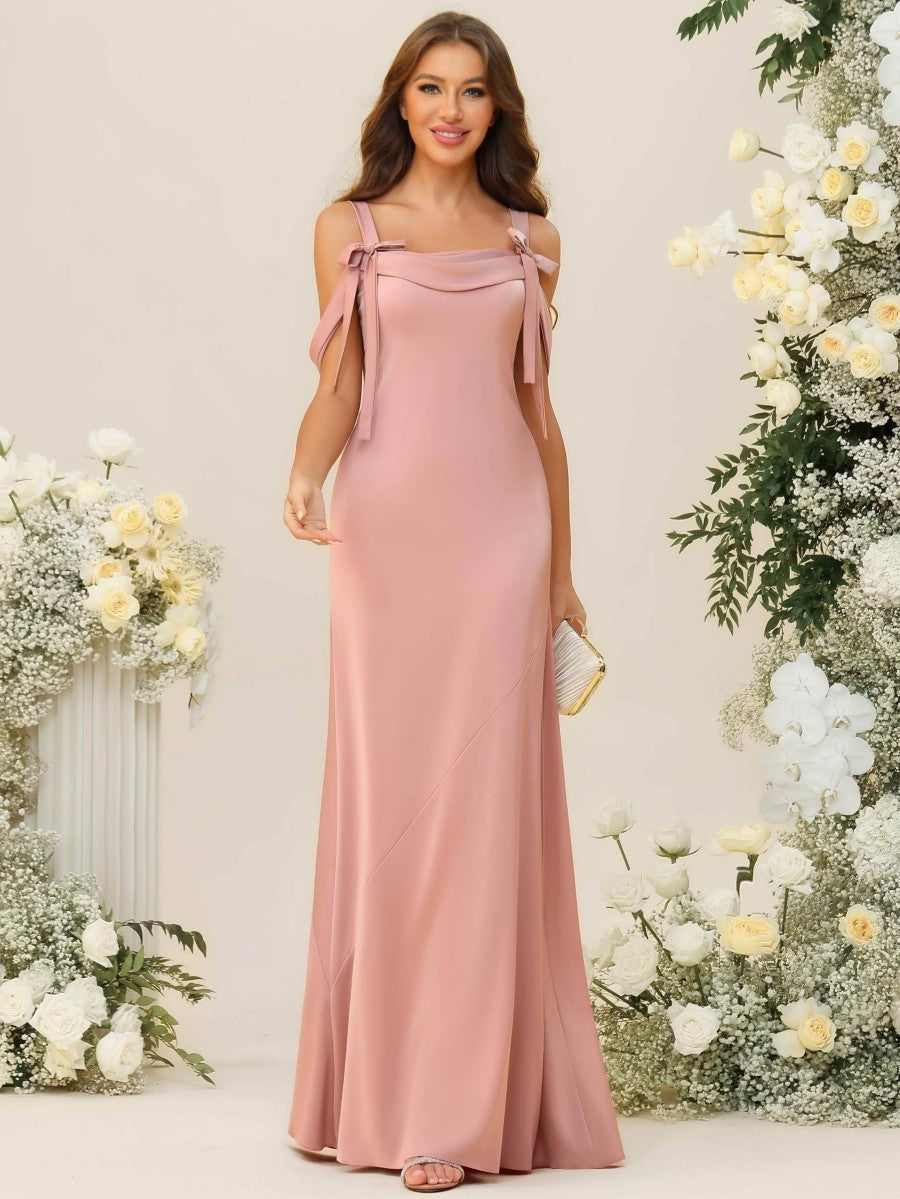 A-Line/Princess Cold Shoulder Cowl Neck Floor-Length Bridesmaid Dresses with Bows