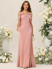 A-Line/Princess Cold Shoulder Cowl Neck Floor-Length Bridesmaid Dresses with Bows