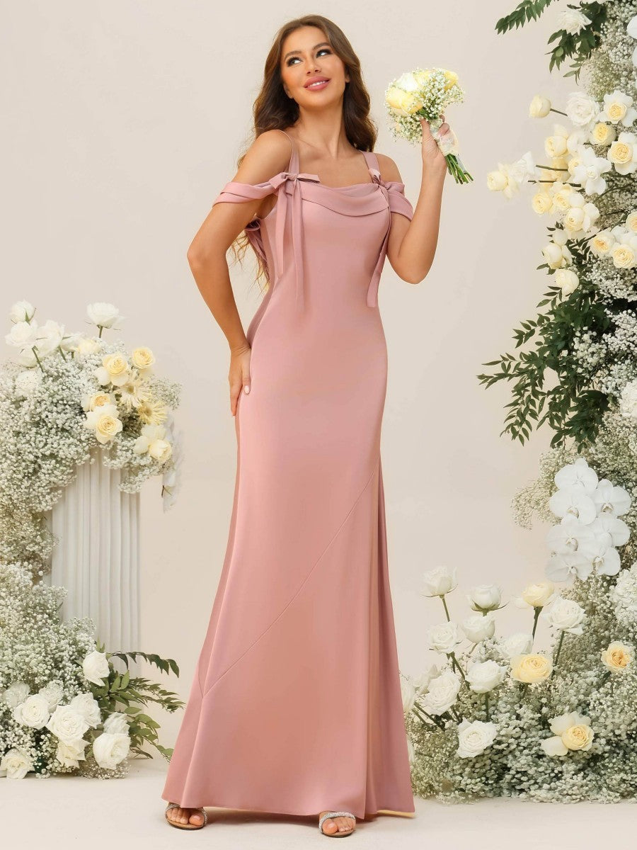 A-Line/Princess Cold Shoulder Cowl Neck Floor-Length Bridesmaid Dresses with Bows