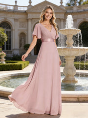 A-Line V-Neck Short Sleeve Ruched Chiffon Floor-Length Bridesmaid Dresses