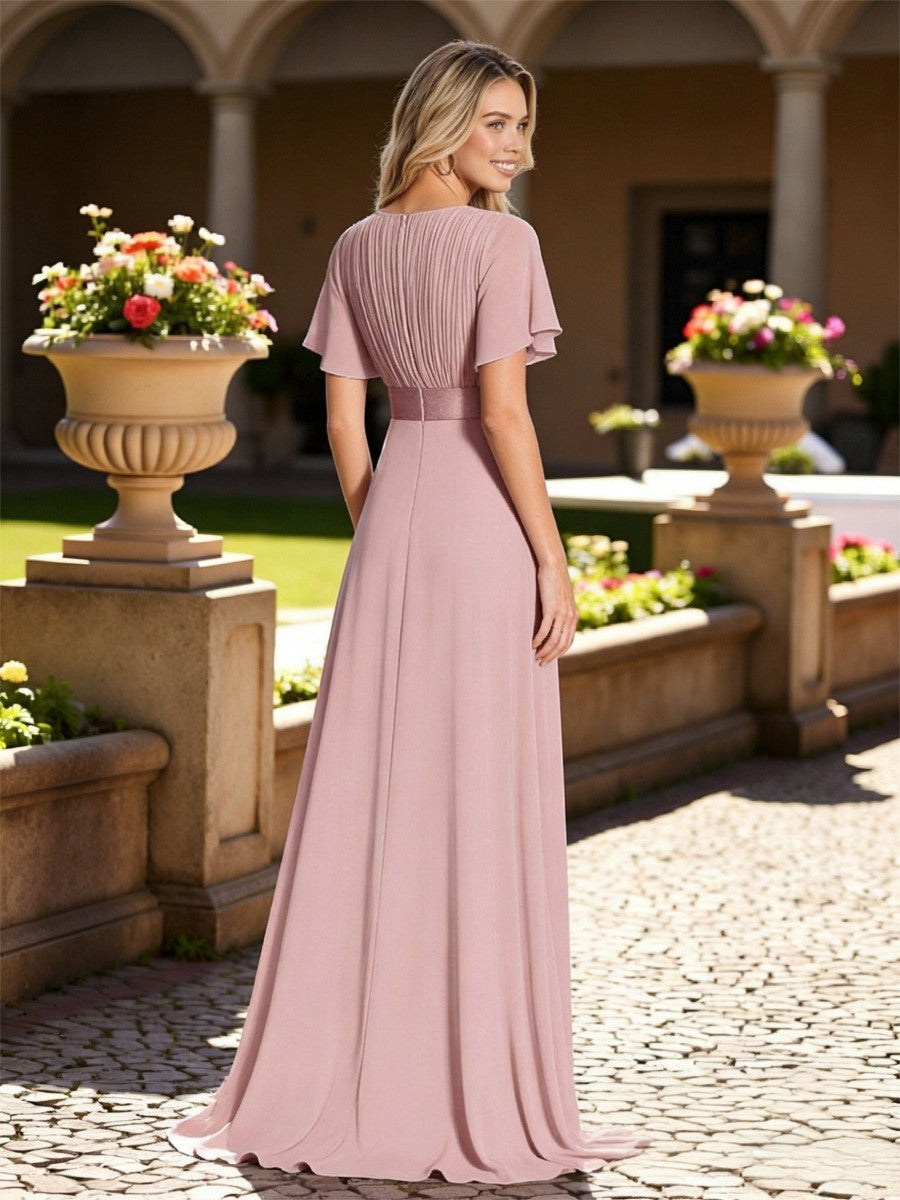 A-Line V-Neck Short Sleeve Ruched Chiffon Floor-Length Bridesmaid Dresses