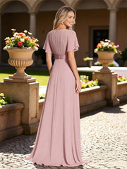 A-Line V-Neck Short Sleeve Ruched Chiffon Floor-Length Bridesmaid Dresses