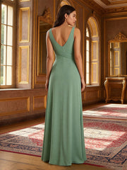 A-Line V-Neck Sleeveless Floor-Length Bridesmaid Dresses with Ruffle