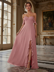 A-Line Off-Shoulder Sweetheart Ruffle Floor-Length Bridesmaid Dresses