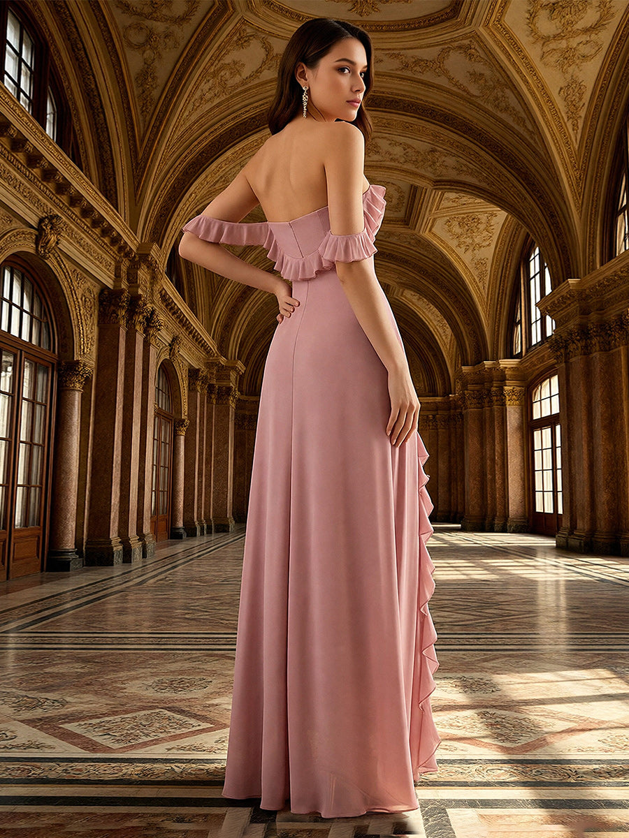 A-Line Off-Shoulder Sweetheart Ruffle Floor-Length Bridesmaid Dresses