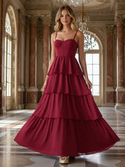 A-Line Spaghetti Strap Sweetheart Tiered Ruffle Floor-Length Bridesmaid Dresses