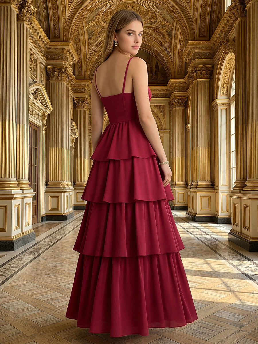 A-Line Spaghetti Strap Sweetheart Tiered Ruffle Floor-Length Bridesmaid Dresses