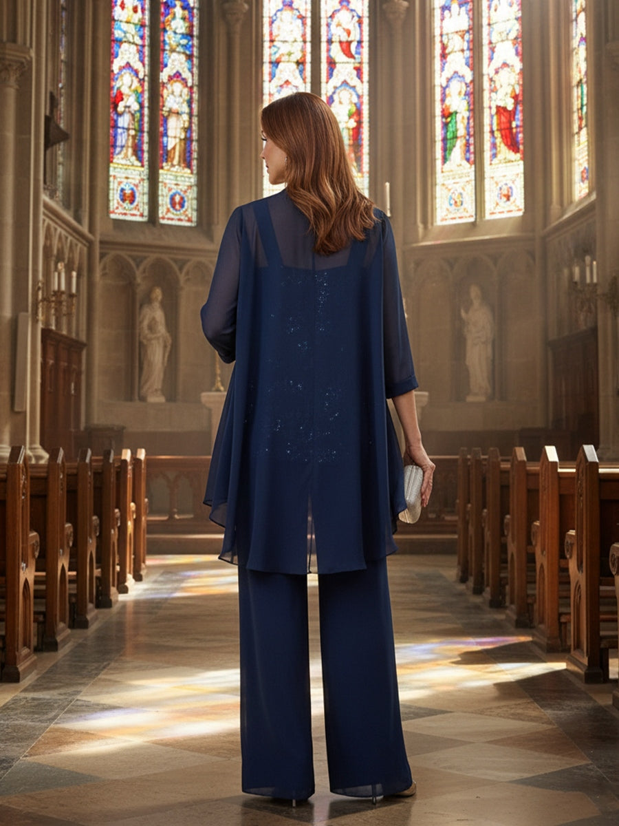 3 Pieces Chiffon Appliques 3/4 Sleeves Mother of the Bride or Groom Pantsuits with Jacket