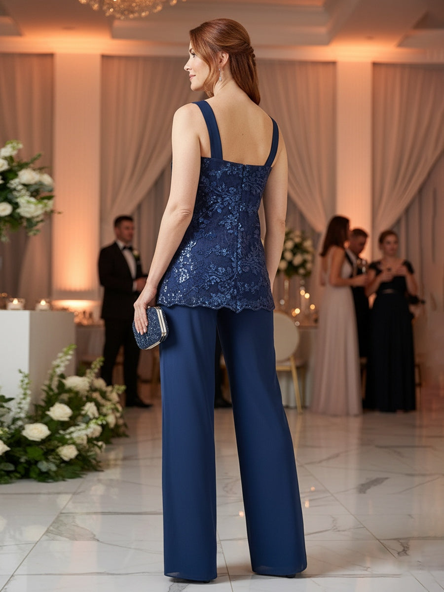 3 Pieces Chiffon Appliques 3/4 Sleeves Mother of the Bride or Groom Pantsuits with Jacket