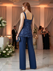 3 Pieces Chiffon Appliques 3/4 Sleeves Mother of the Bride or Groom Pantsuits with Jacket
