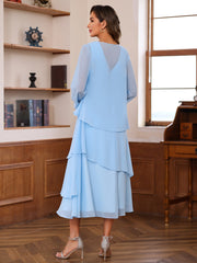 A-Line/Princess Pleated Two-Piece Tea-Length Mother of the Bride Dresses with Cascading Ruffles