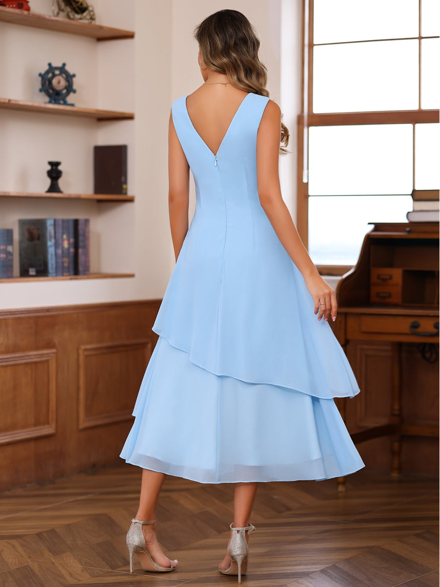 A-Line/Princess Pleated Two-Piece Tea-Length Mother of the Bride Dresses with Cascading Ruffles