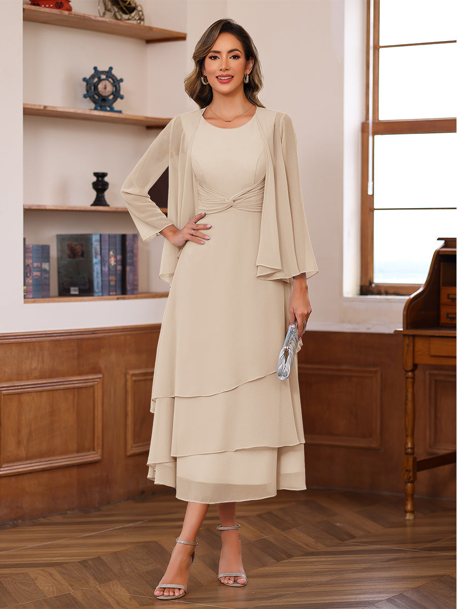 A-Line/Princess Pleated Two-Piece Tea-Length Mother of the Bride Dresses with Cascading Ruffles