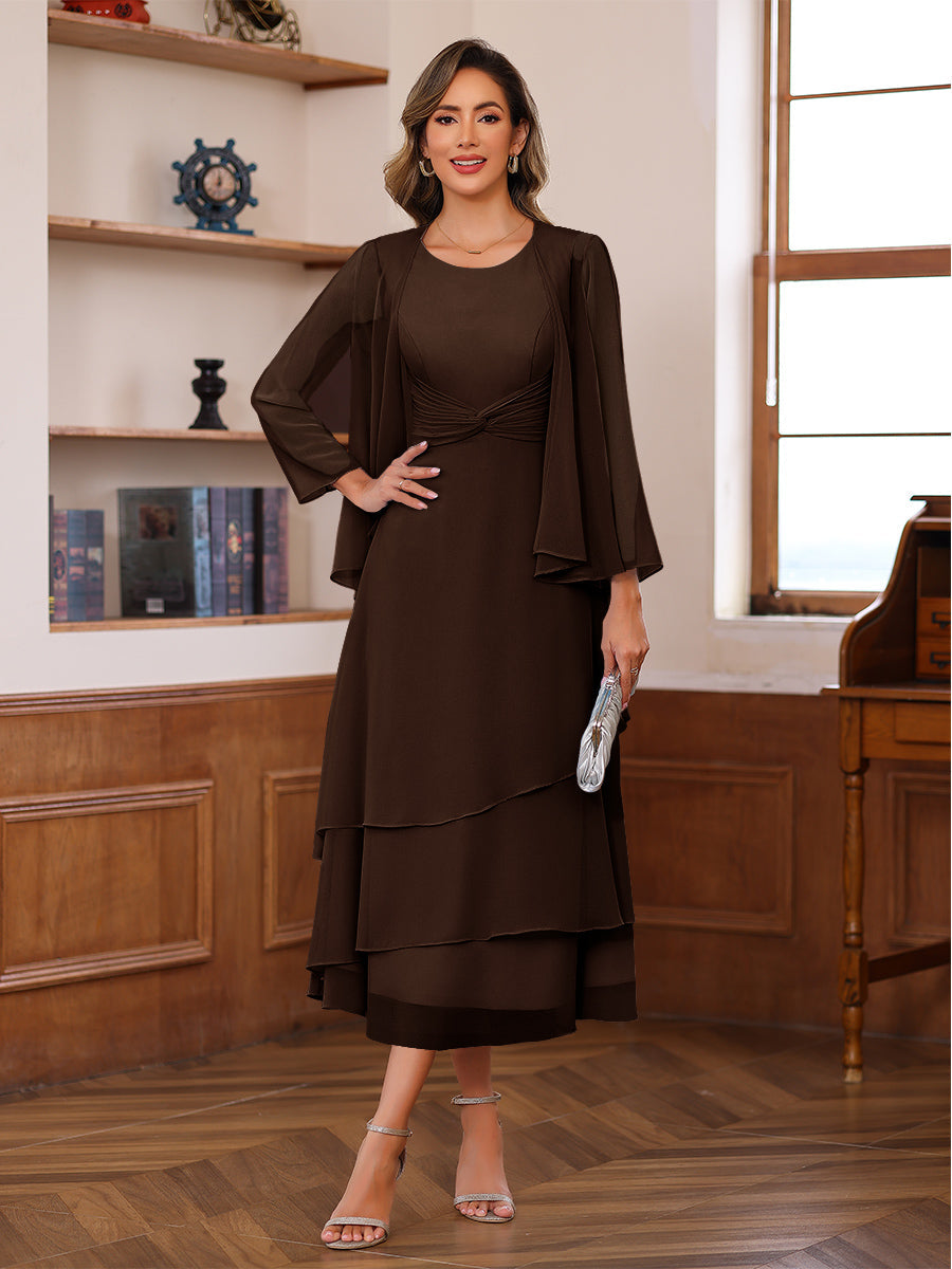 A-Line/Princess Pleated Two-Piece Tea-Length Mother of the Bride Dresses with Cascading Ruffles