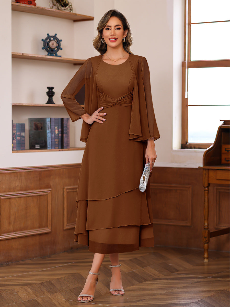A-Line/Princess Pleated Two-Piece Tea-Length Mother of the Bride Dresses with Cascading Ruffles