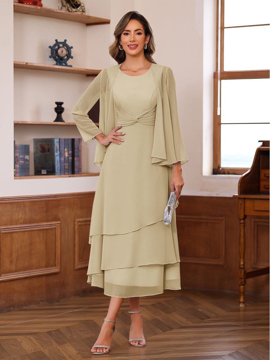 A-Line/Princess Pleated Two-Piece Tea-Length Mother of the Bride Dresses with Cascading Ruffles