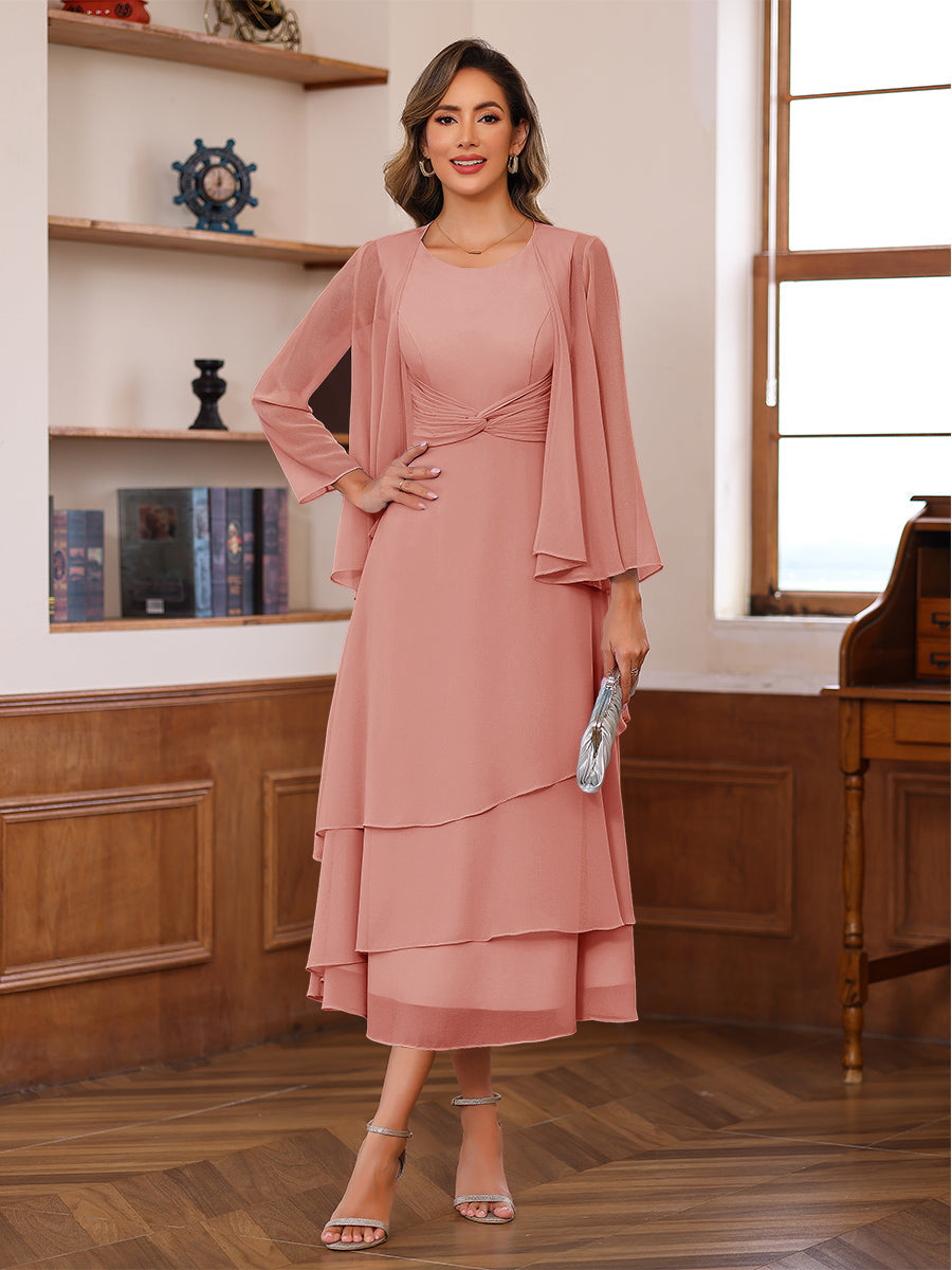 A-Line/Princess Pleated Two-Piece Tea-Length Mother of the Bride Dresses with Cascading Ruffles