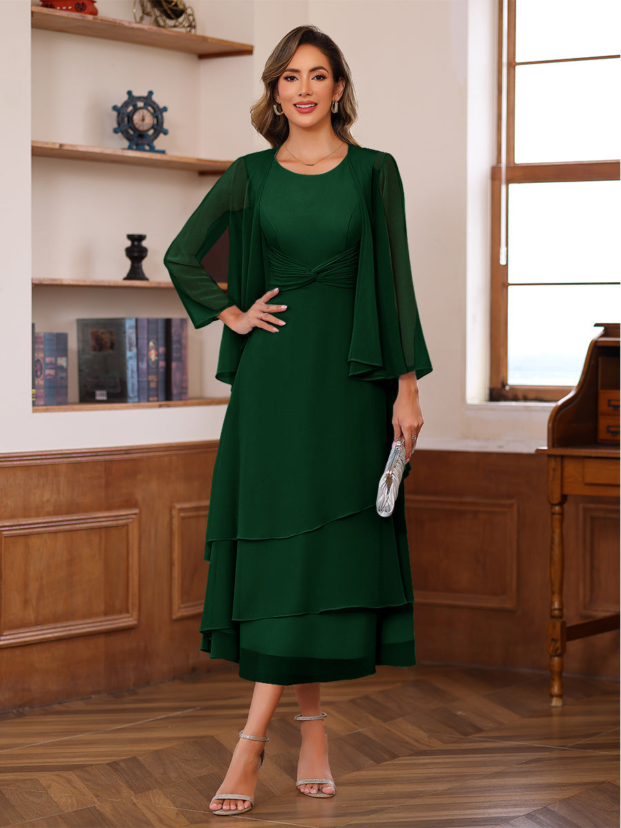 A-Line/Princess Pleated Two-Piece Tea-Length Mother of the Bride Dresses with Cascading Ruffles