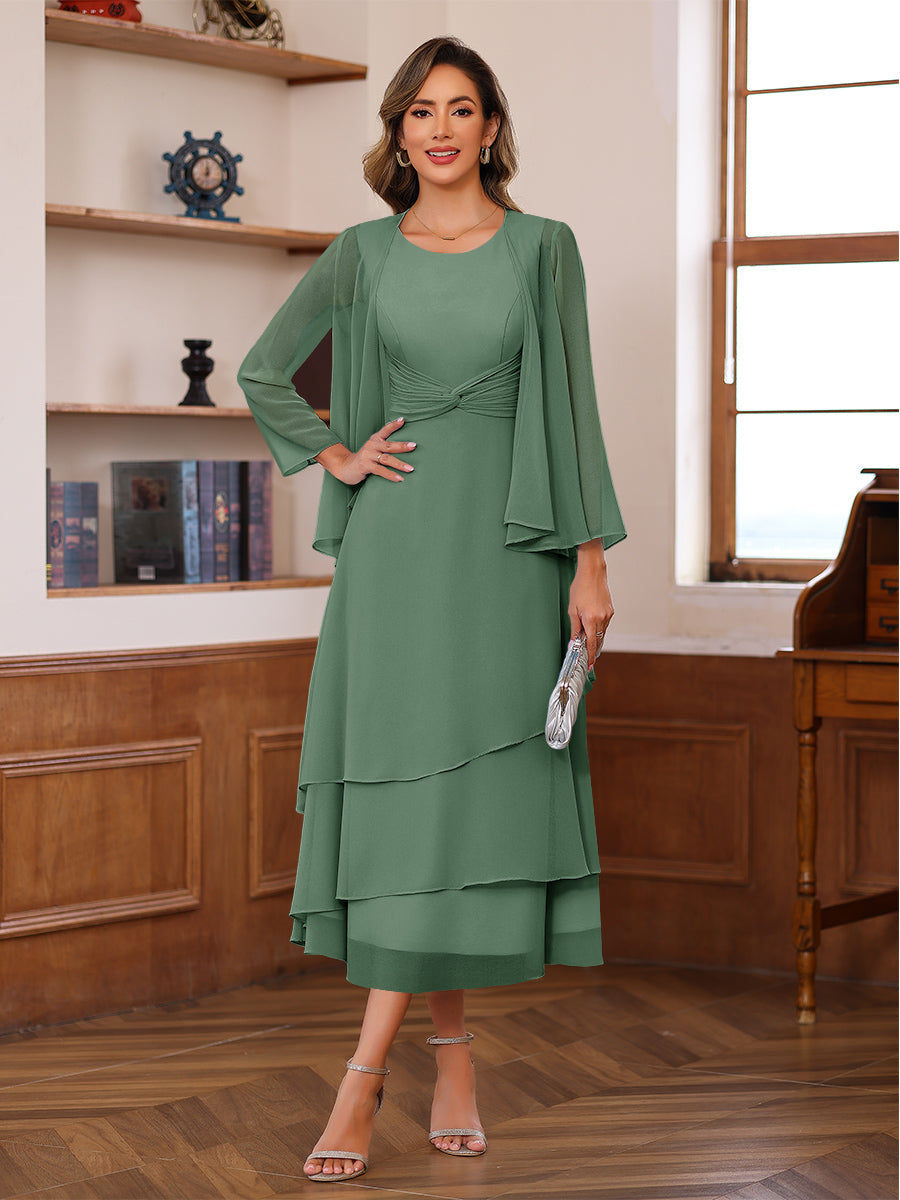 A-Line/Princess Pleated Two-Piece Tea-Length Mother of the Bride Dresses with Cascading Ruffles