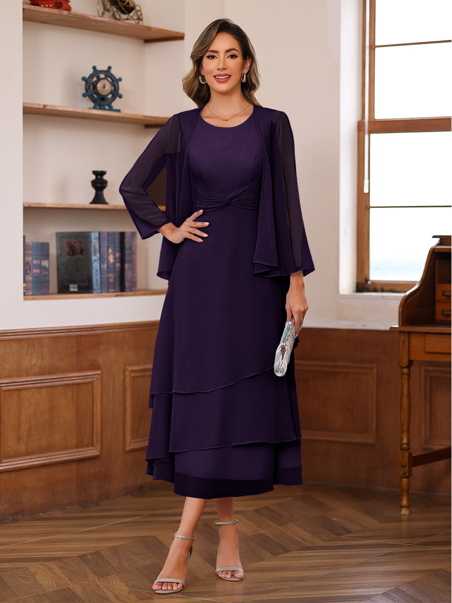 A-Line/Princess Pleated Two-Piece Tea-Length Mother of the Bride Dresses with Cascading Ruffles