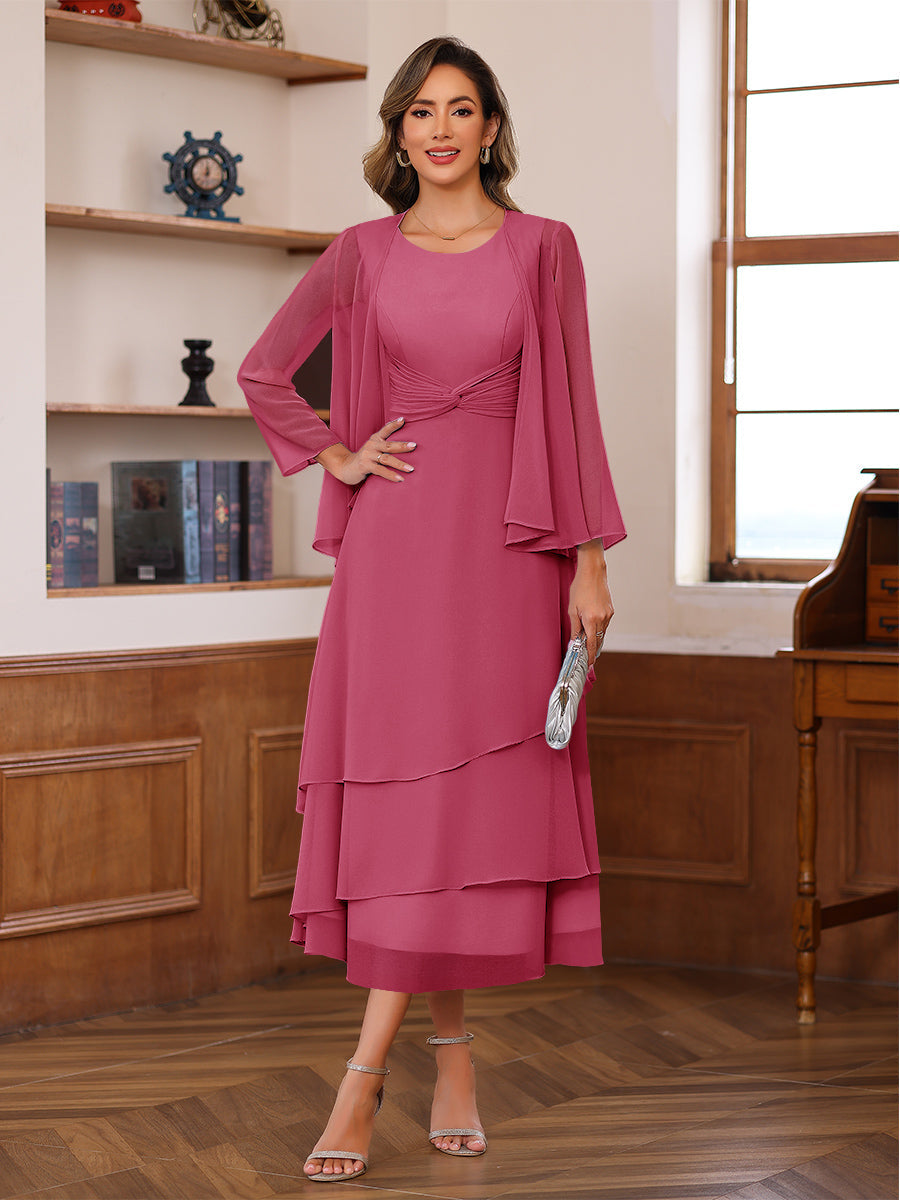 A-Line/Princess Pleated Two-Piece Tea-Length Mother of the Bride Dresses with Cascading Ruffles