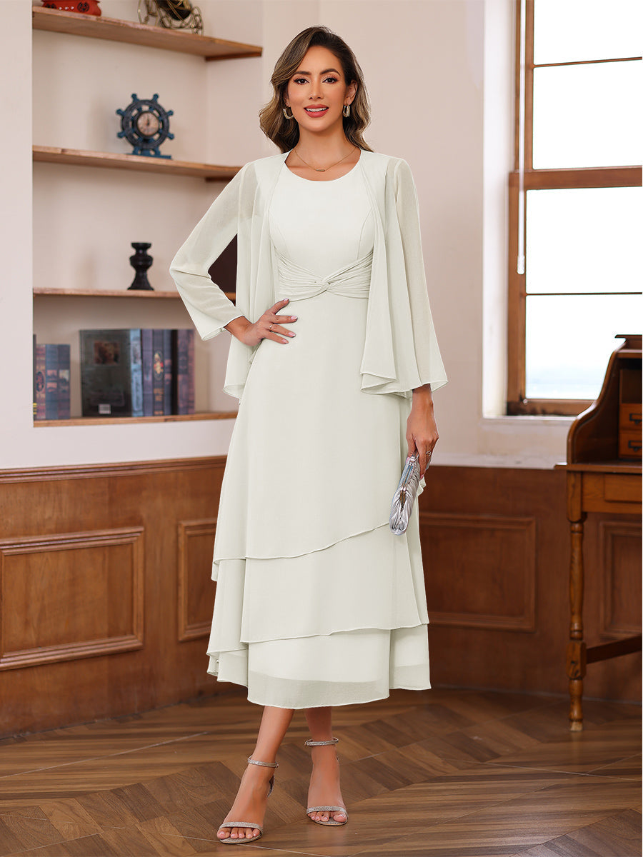 A-Line/Princess Pleated Two-Piece Tea-Length Mother of the Bride Dresses with Cascading Ruffles