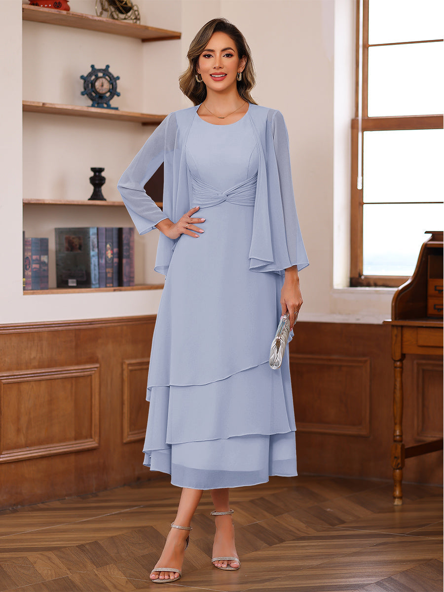 A-Line/Princess Pleated Two-Piece Tea-Length Mother of the Bride Dresses with Cascading Ruffles