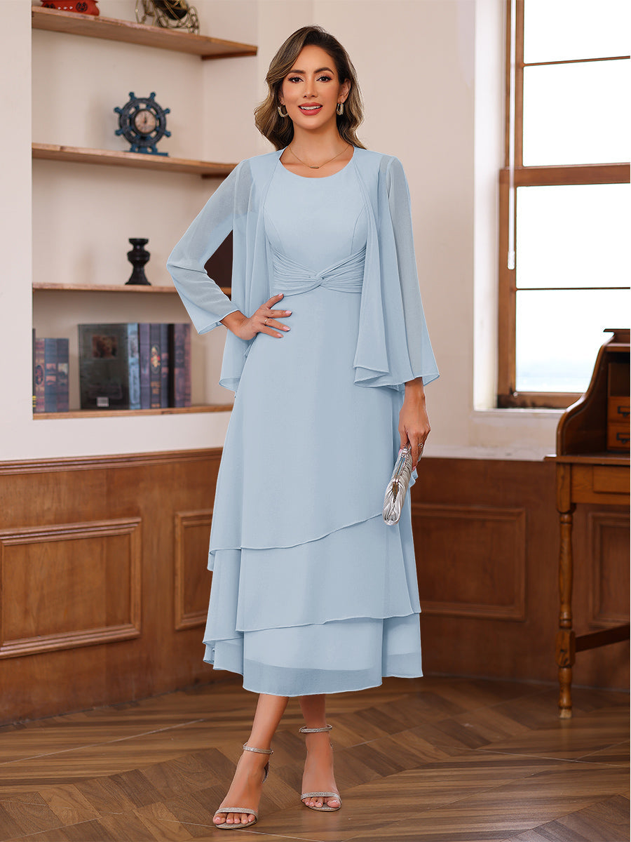 A-Line/Princess Pleated Two-Piece Tea-Length Mother of the Bride Dresses with Cascading Ruffles