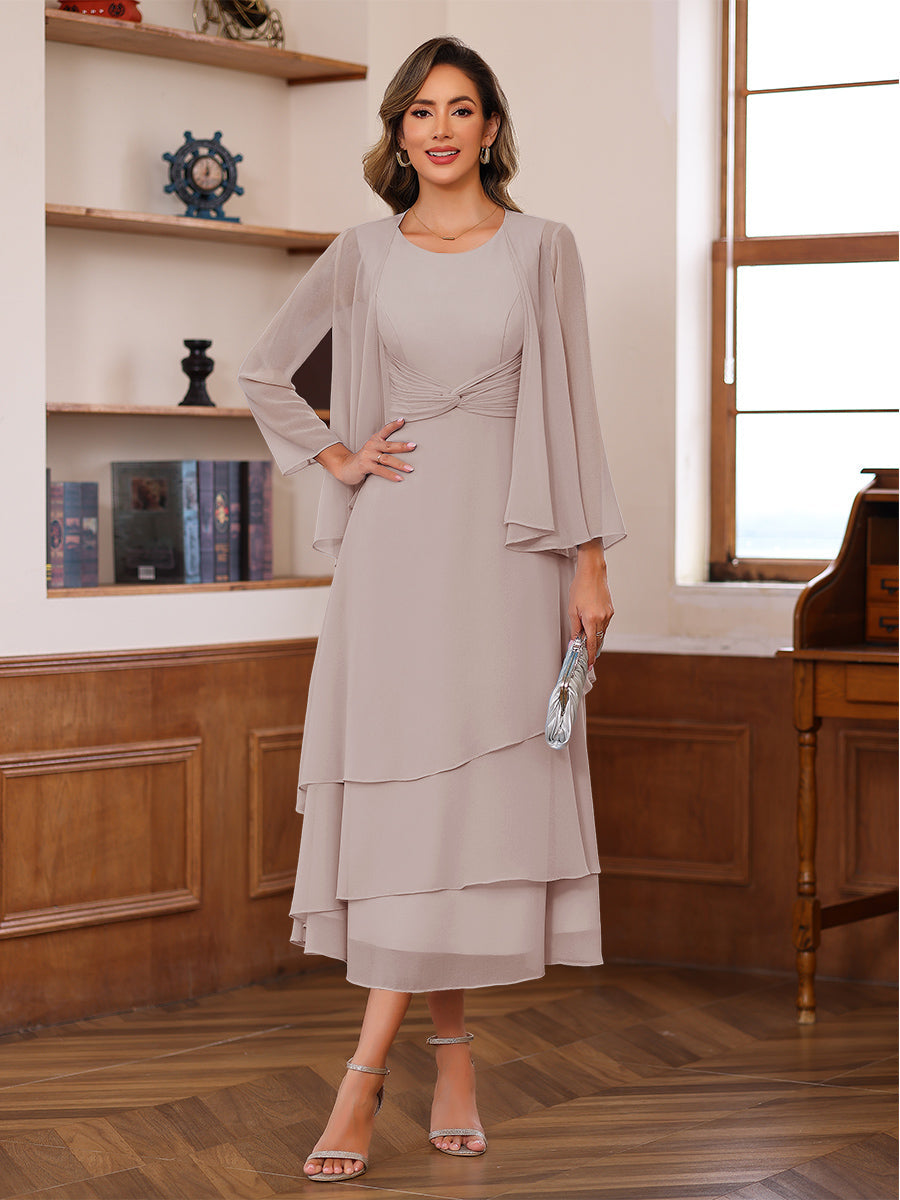 A-Line/Princess Pleated Two-Piece Tea-Length Mother of the Bride Dresses with Cascading Ruffles