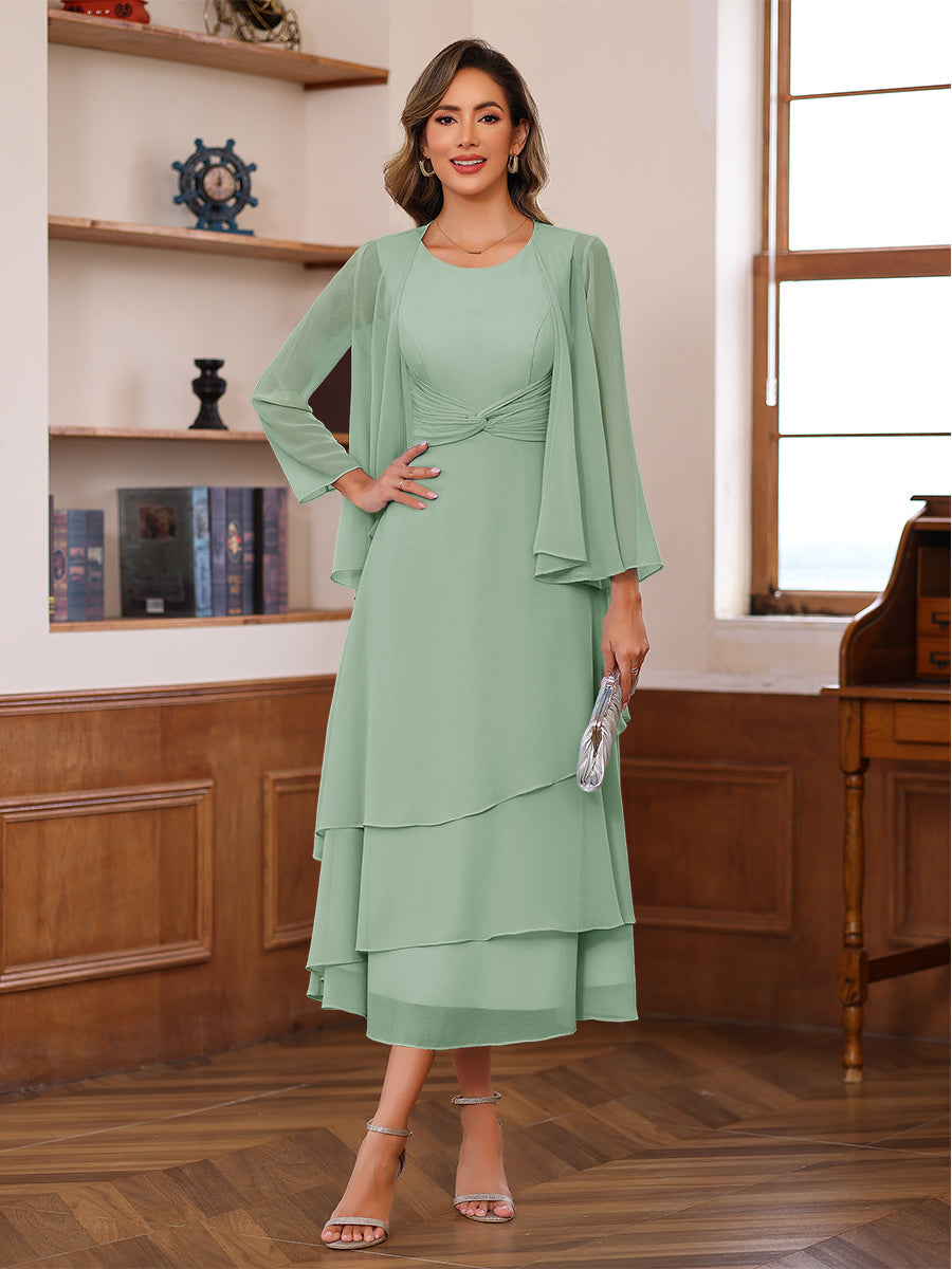 A-Line/Princess Pleated Two-Piece Tea-Length Mother of the Bride Dresses with Cascading Ruffles