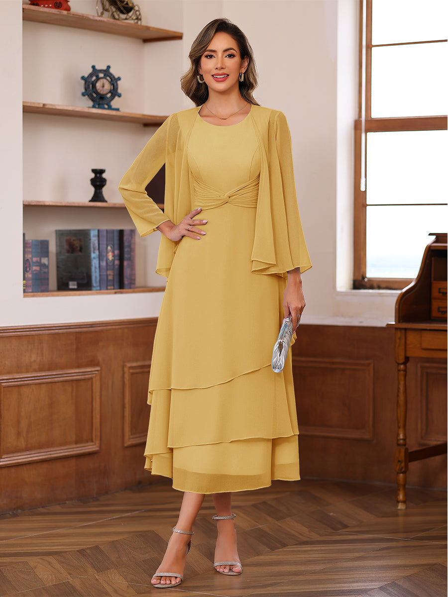 A-Line/Princess Pleated Two-Piece Tea-Length Mother of the Bride Dresses with Cascading Ruffles