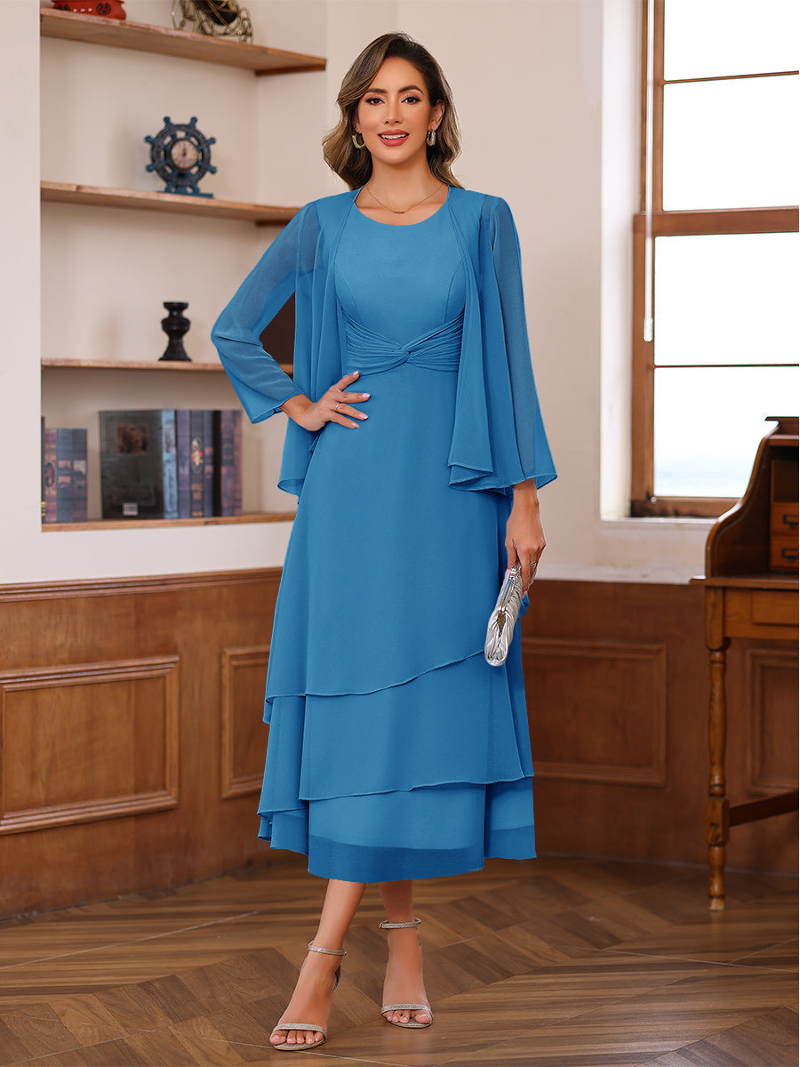 A-Line/Princess Pleated Two-Piece Tea-Length Mother of the Bride Dresses with Cascading Ruffles