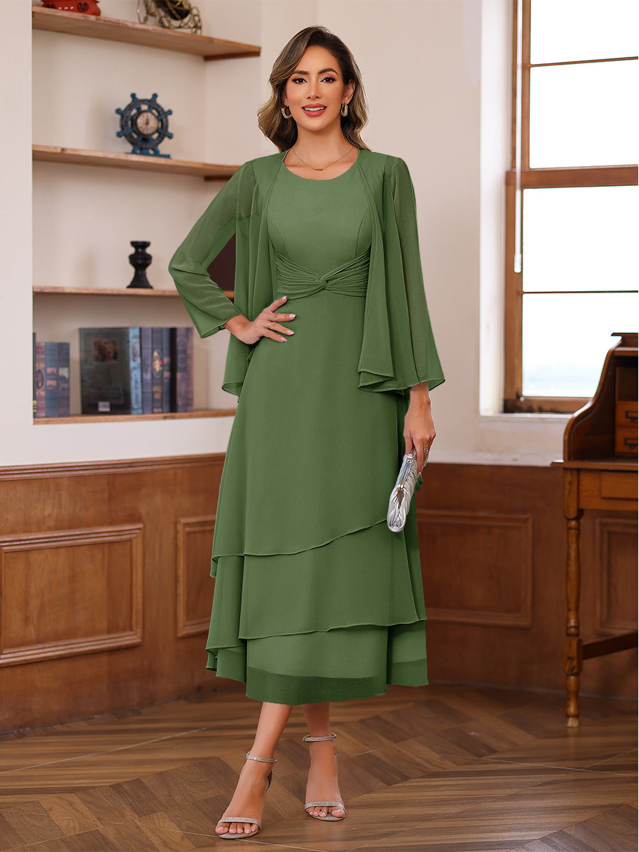 A-Line/Princess Pleated Two-Piece Tea-Length Mother of the Bride Dresses with Cascading Ruffles