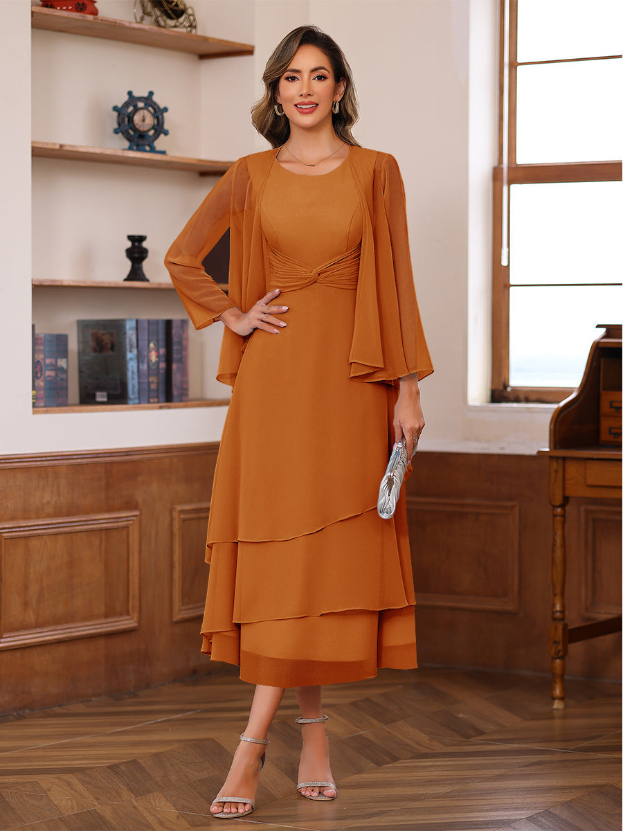 A-Line/Princess Pleated Two-Piece Tea-Length Mother of the Bride Dresses with Cascading Ruffles