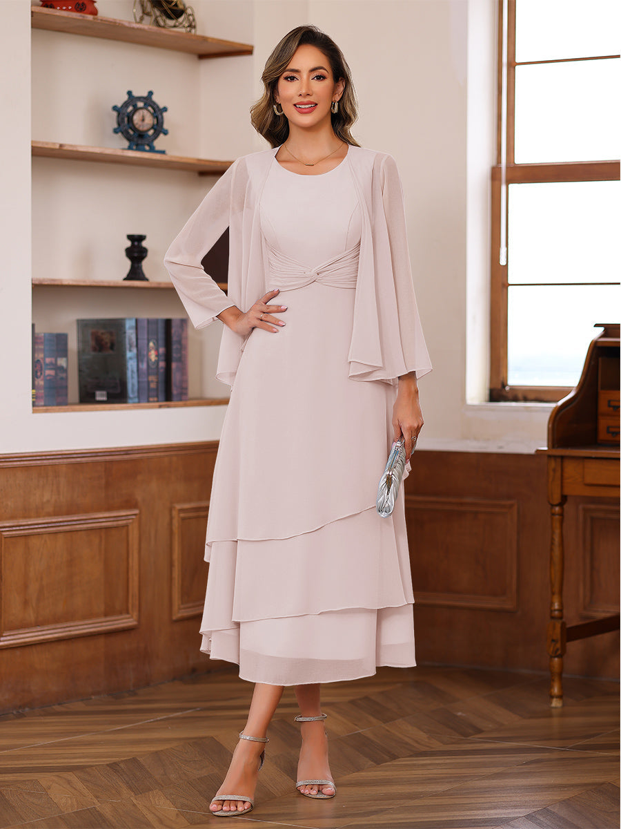 A-Line/Princess Pleated Two-Piece Tea-Length Mother of the Bride Dresses with Cascading Ruffles