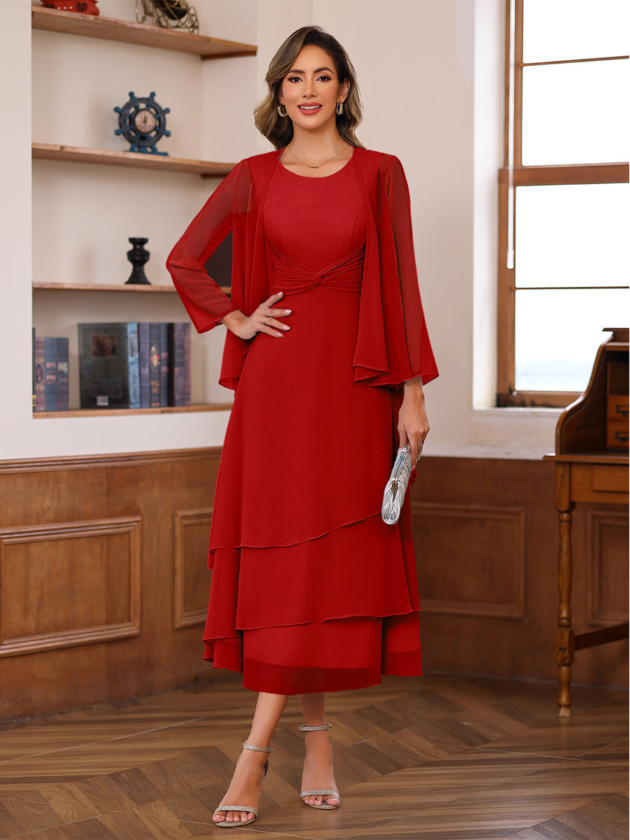 A-Line/Princess Pleated Two-Piece Tea-Length Mother of the Bride Dresses with Cascading Ruffles