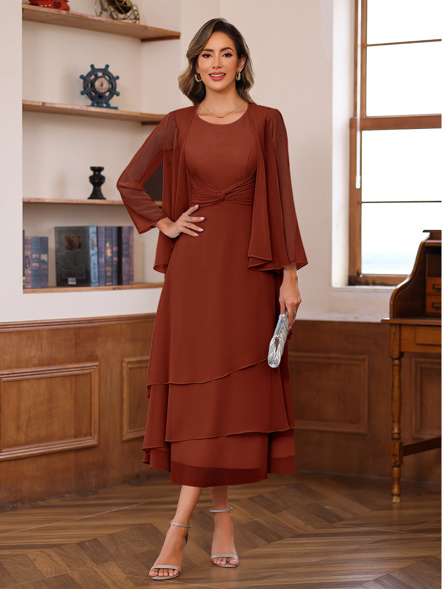 A-Line/Princess Pleated Two-Piece Tea-Length Mother of the Bride Dresses with Cascading Ruffles