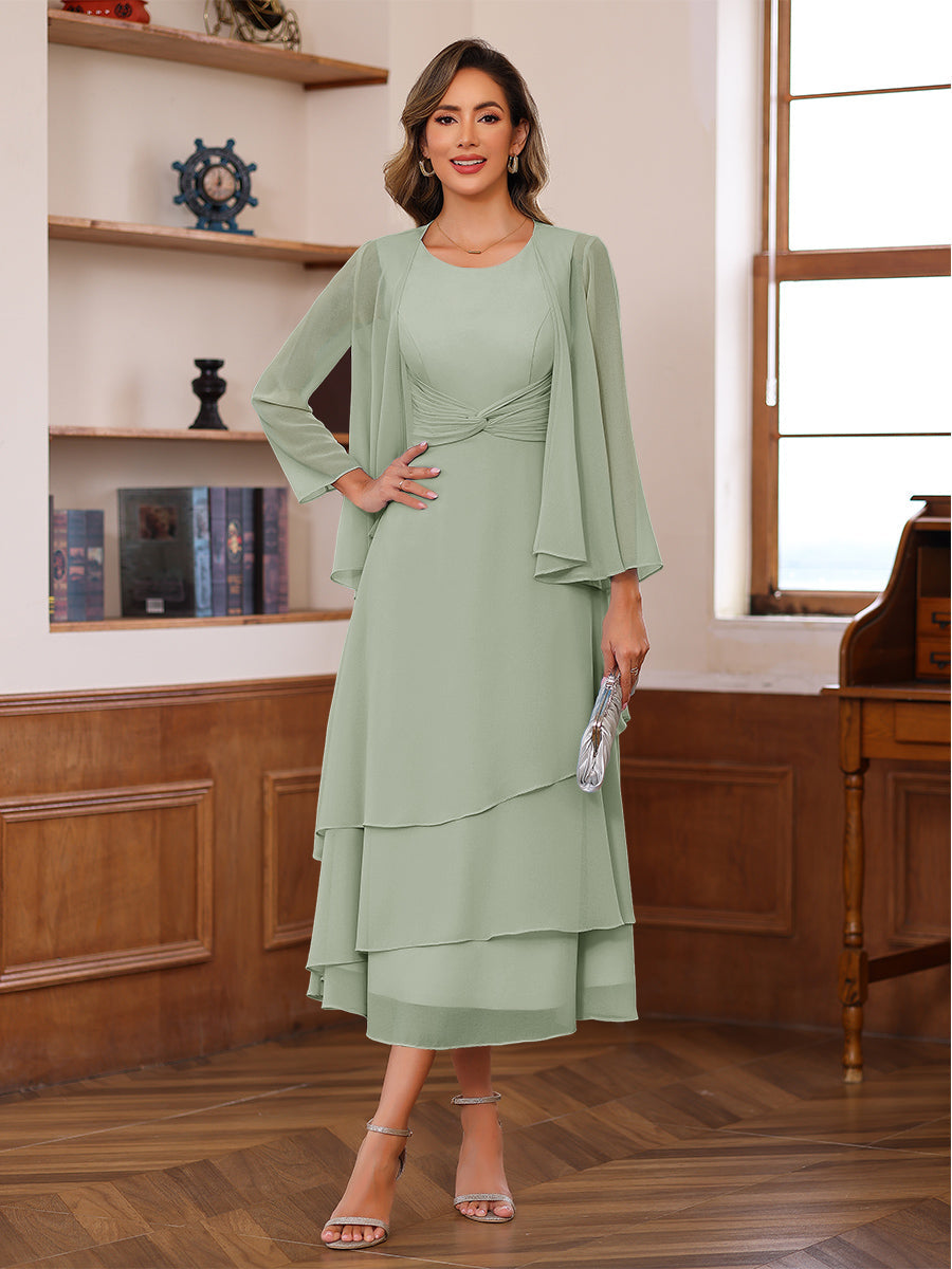 A-Line/Princess Pleated Two-Piece Tea-Length Mother of the Bride Dresses with Cascading Ruffles