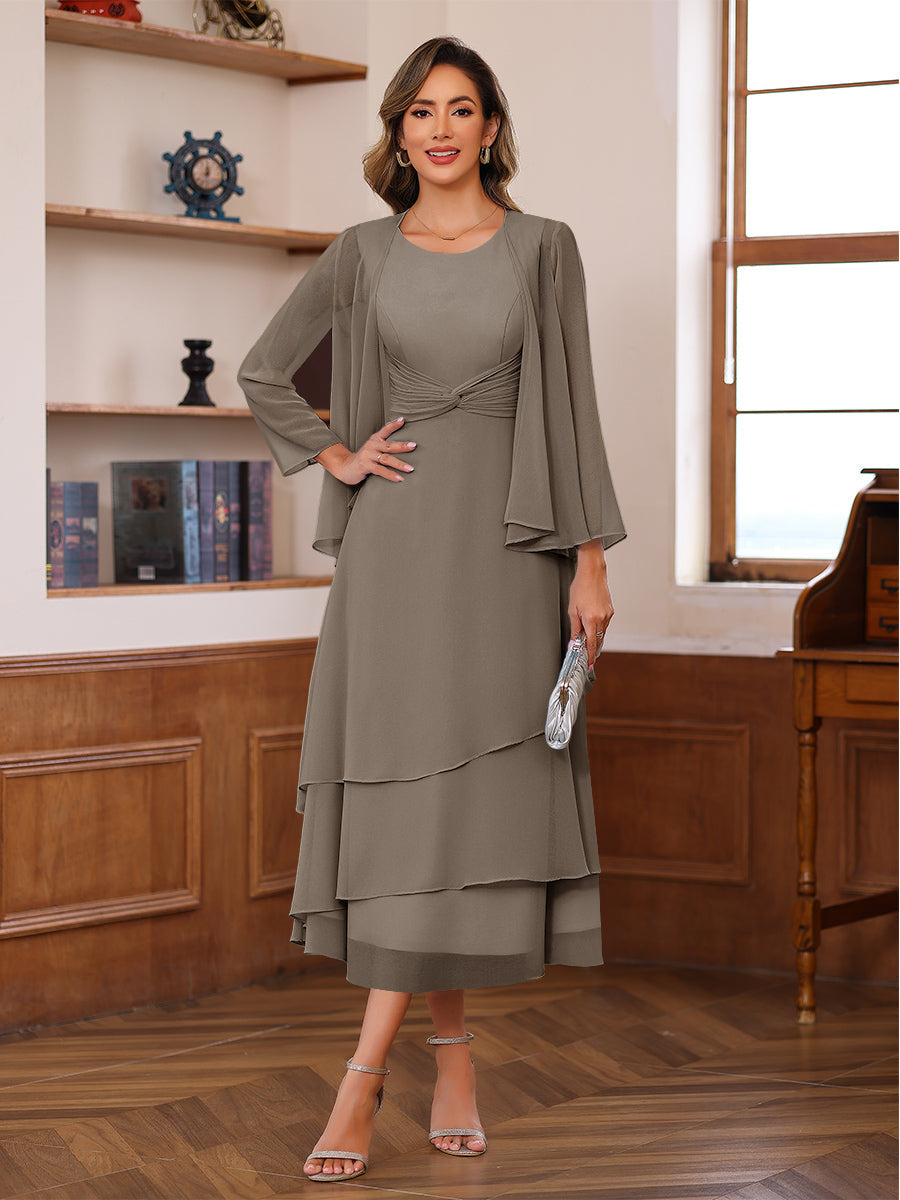 A-Line/Princess Pleated Two-Piece Tea-Length Mother of the Bride Dresses with Cascading Ruffles