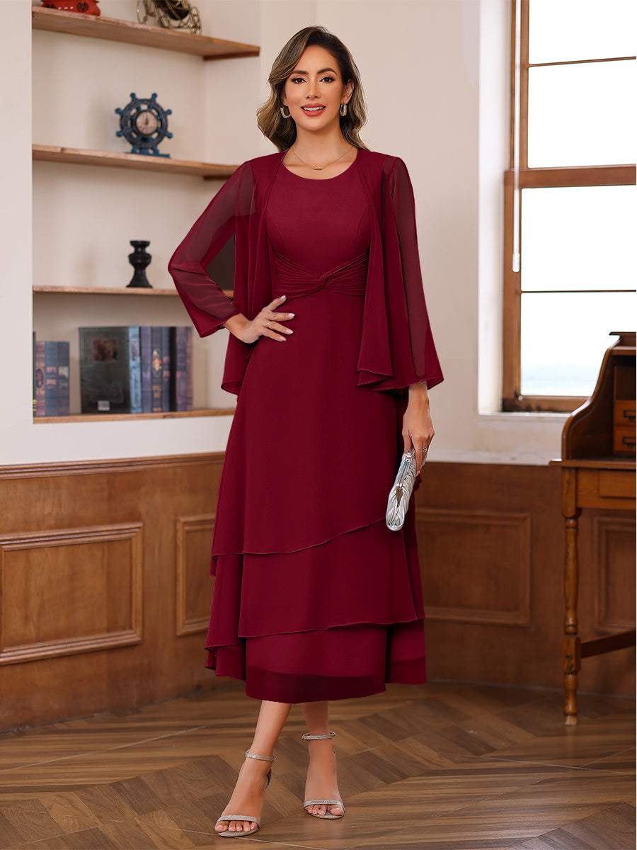 A-Line/Princess Pleated Two-Piece Tea-Length Mother of the Bride Dresses with Cascading Ruffles
