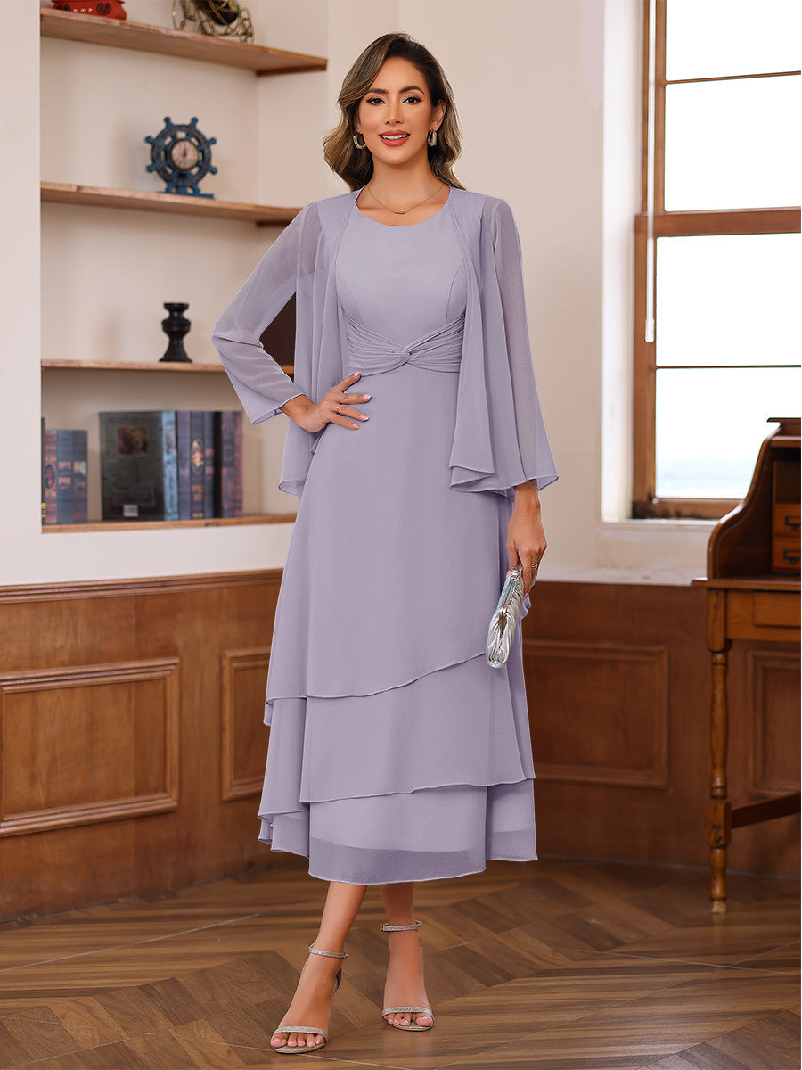 A-Line/Princess Pleated Two-Piece Tea-Length Mother of the Bride Dresses with Cascading Ruffles