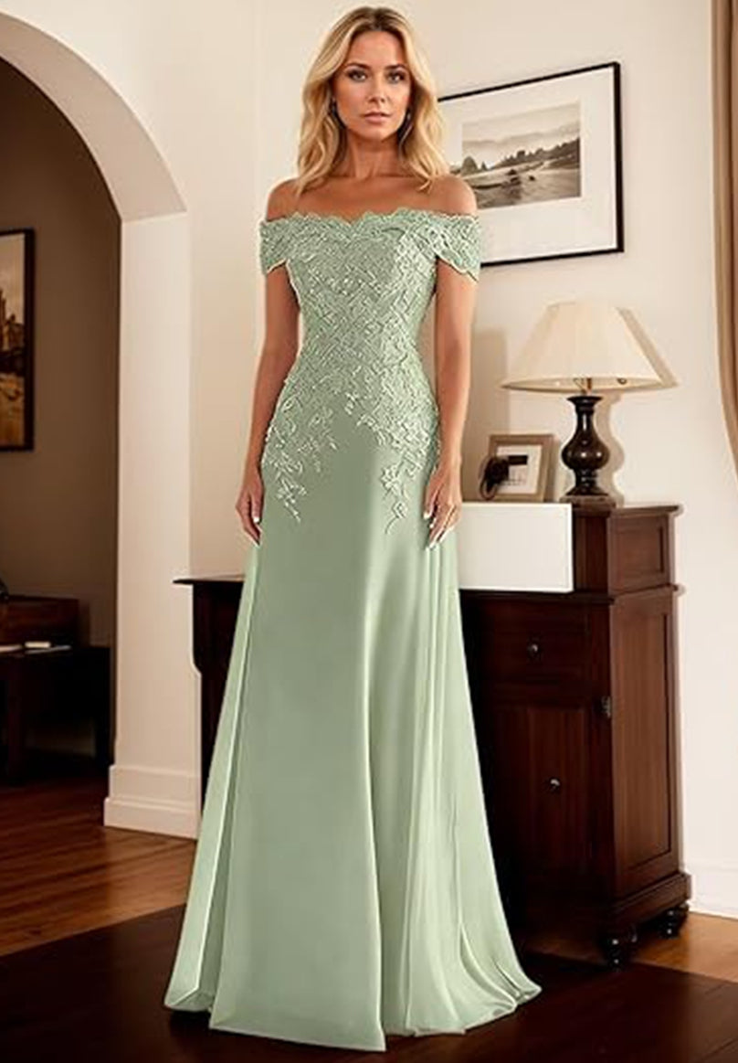 A-Line/Princess Off Shoulder Floor-Length Mother of the Bride Dresses with Lace Appliques