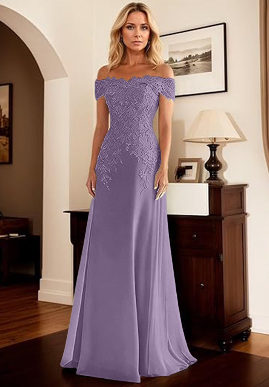 A-Line/Princess Off Shoulder Floor-Length Mother of the Bride Dresses with Lace Appliques