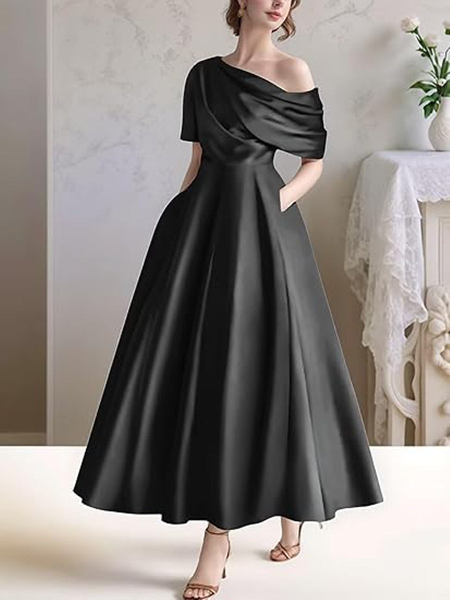 A-Line/Princess Asymmetrical Pleated Satin Tea-Length Mother of the Bride Dresses with Pockets