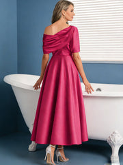 A-Line/Princess Asymmetrical Pleated Satin Tea-Length Mother of the Bride Dresses with Pockets