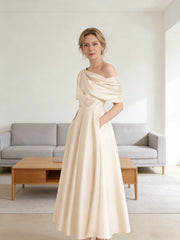 A-Line/Princess Asymmetrical Pleated Satin Tea-Length Mother of the Bride Dresses with Pockets