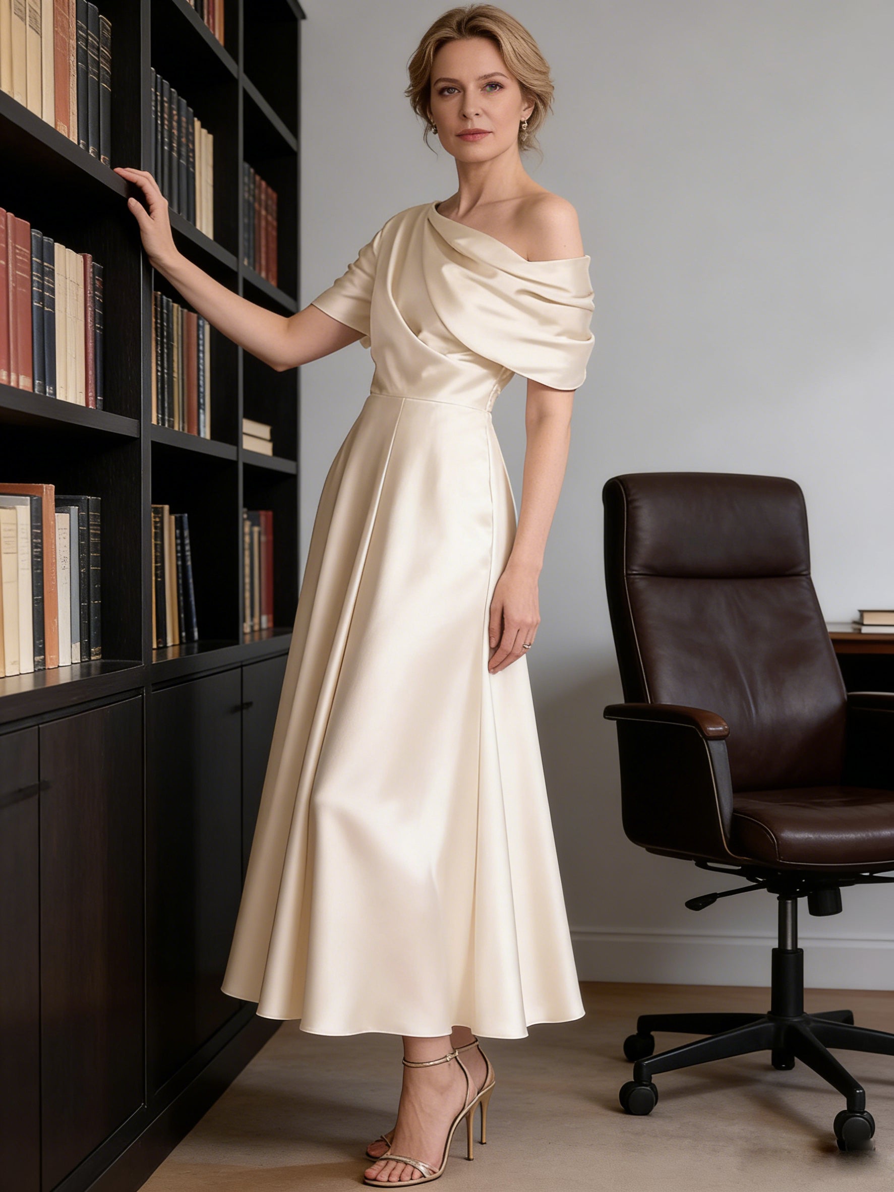 A-Line/Princess Asymmetrical Pleated Satin Tea-Length Mother of the Bride Dresses with Pockets