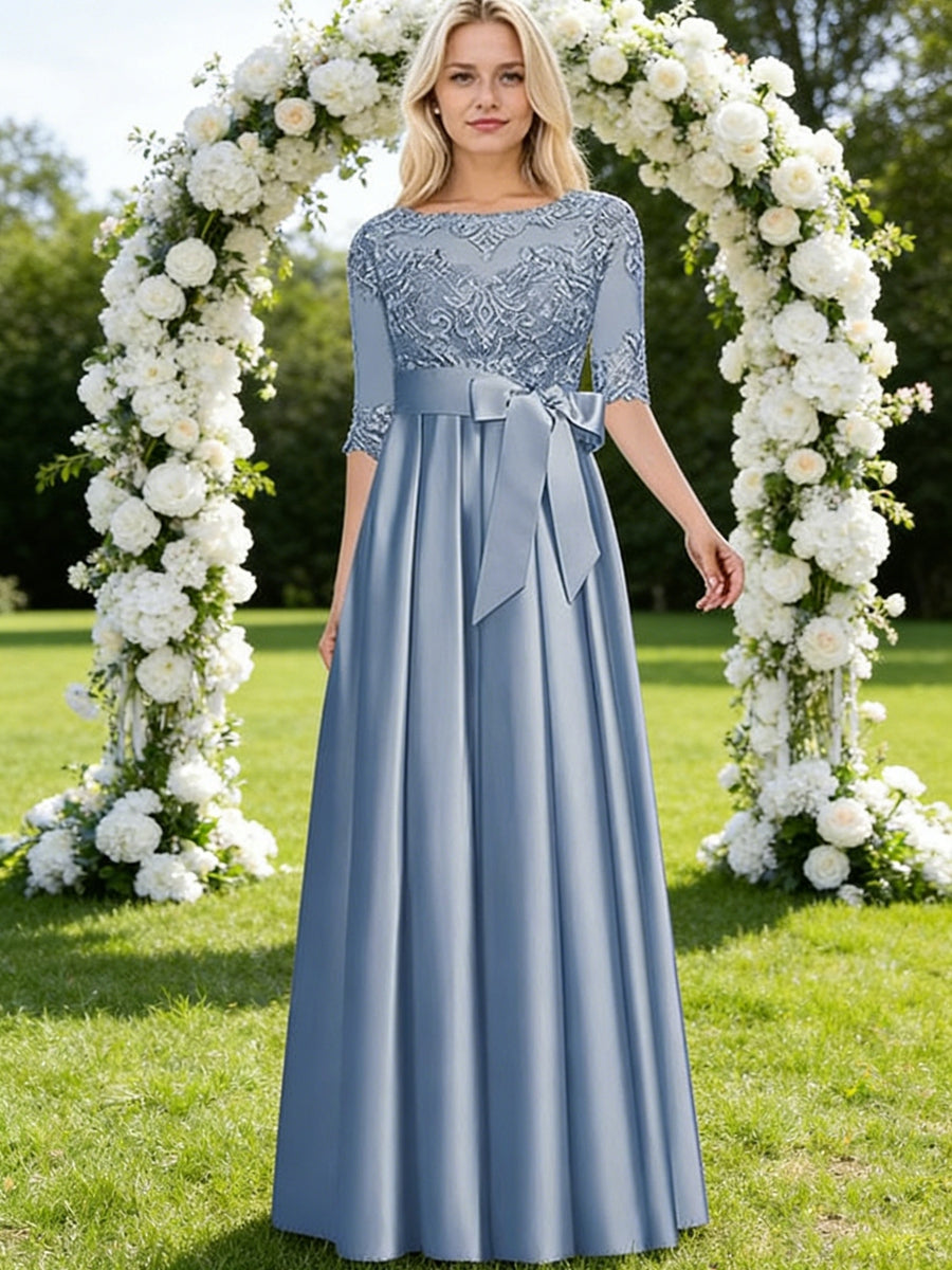 A-Line/Princess Lace Appliques Satin Floor-Length Mother of the Bride Dresses with Bow